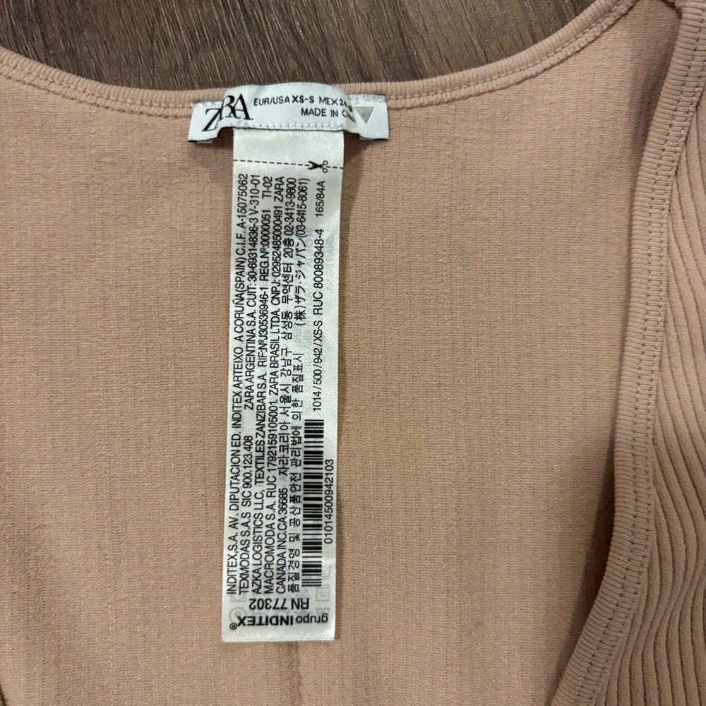 XS Balletcore Zara Elegant Nude Ribbed Tie-Front Short Sleeve Crop Top - Picture 3 of 4